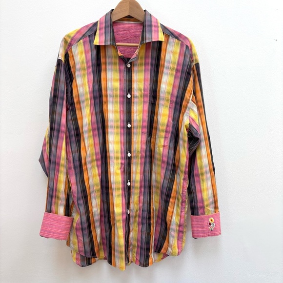 Bugatchi Uomo Men's Embroidered Flip Cuff Colorful Plaid Button Up Shirt XL - Picture 3 of 15